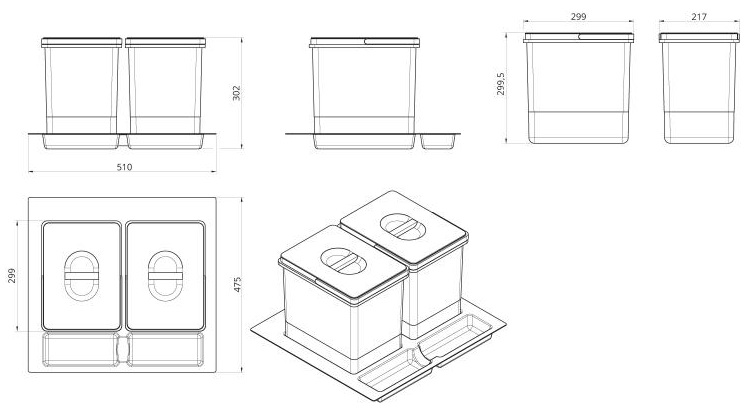 Technický obrázok odpadkového koša Sorter MEXI WS-500/60, 2X15L