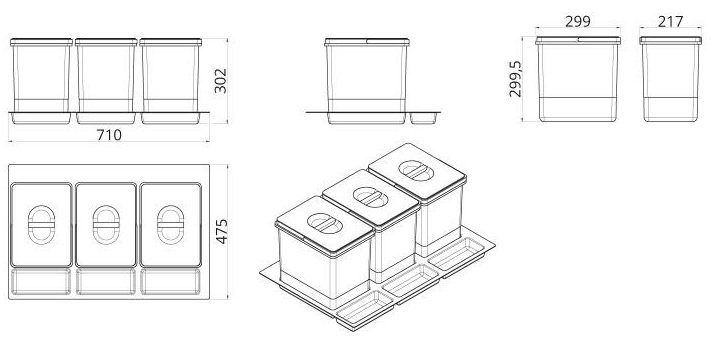 Technický obrázok odpadkového koša Sorter MEXI WS-500/80, 3x15L